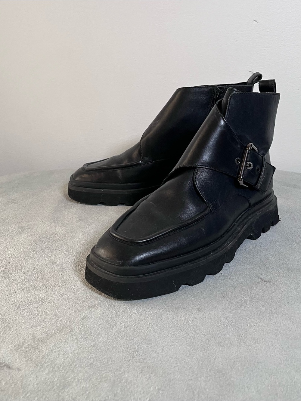 Pilcro Buckle Boots Chunky Ankle Boots Size 39/ US 9 Black Leather Anthropologie
